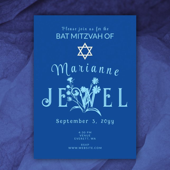 Blue Vintage Bat Mitzvah Wild Flower Invitation (royal blue bat mitzvah invitation simple with wild flowers pretty floral lettering with white star)