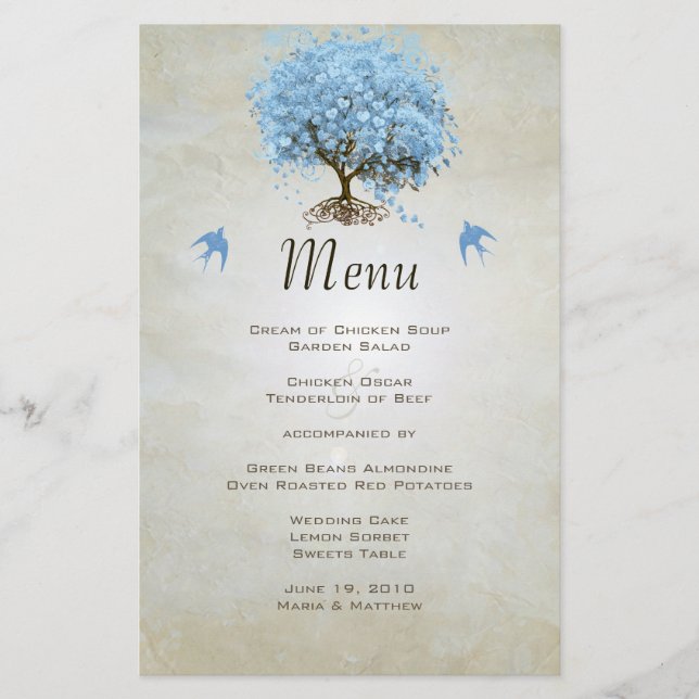 Blue Vintage Bird Heart Leaf Tree Wedding Menu (Front)