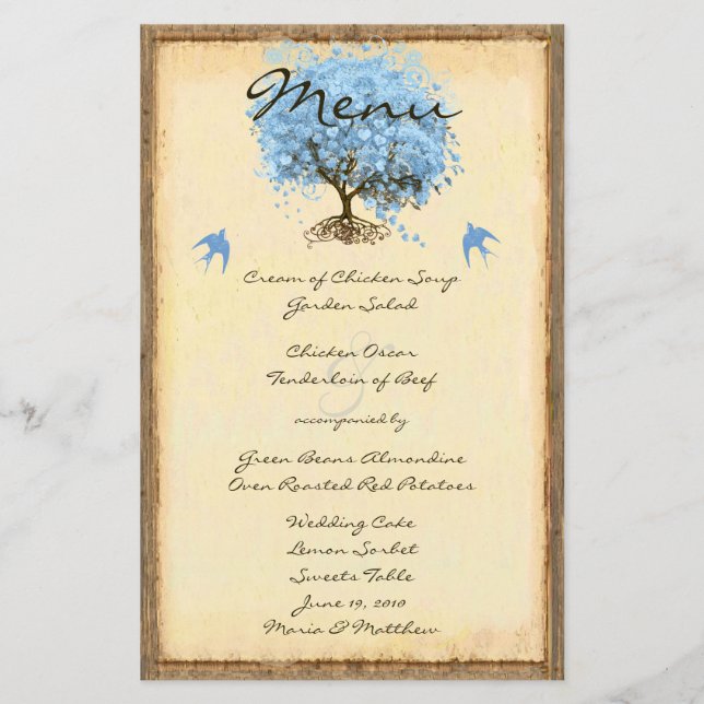 Blue Vintage Bird Heart Leaf Tree Wedding Menu (Front)