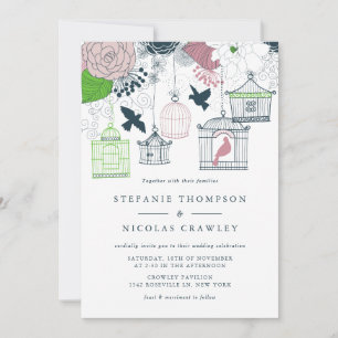 Blue Vintage Birdcages Floral Wedding Invitation