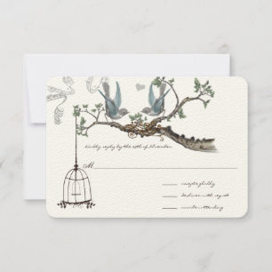 Blue Vintage Birds and Birdcage Weddings RSVP Card