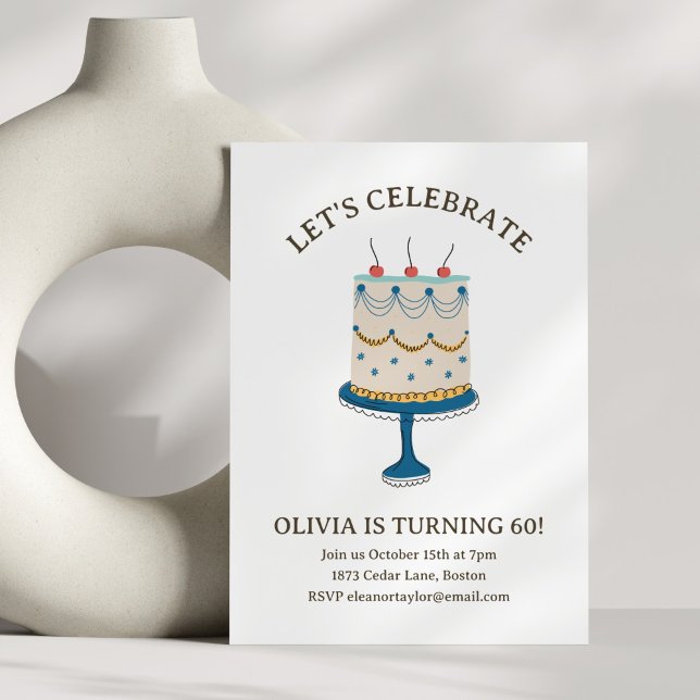 Blue Vintage Birthday Cake Doodle Cute Celebration Invitation (Creator Uploaded)