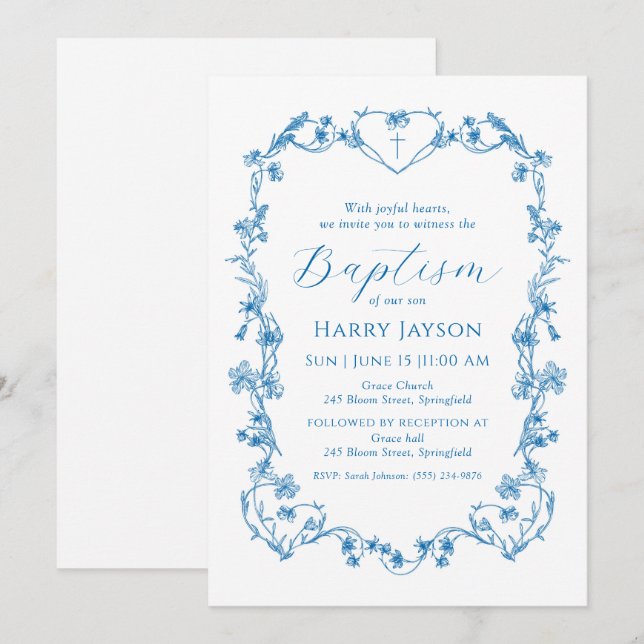 Blue Vintage Blue Floral Frame Baptism Invitation (Front/Back)