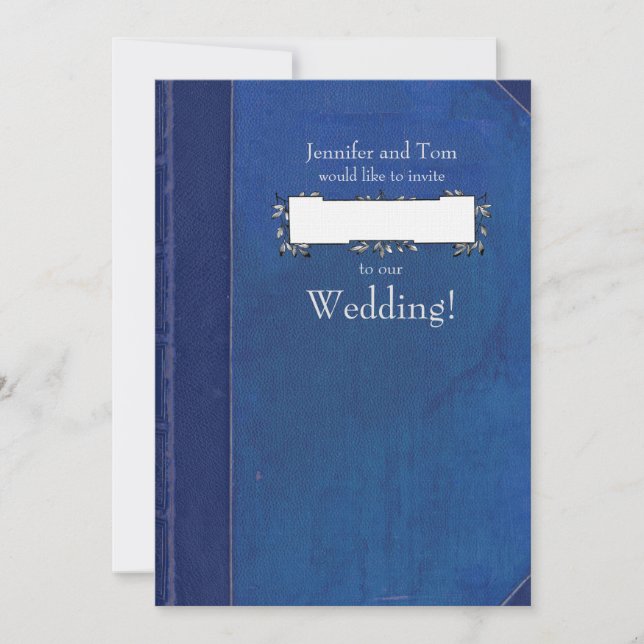 Blue Vintage Book and Bookplate Wedding Invitation (Front)