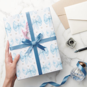 Blue Vintage Bow and White Pearls Elegant Luxury Wrapping Paper