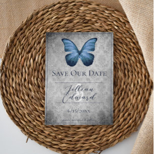 Blue Vintage Butterfly Damask Save the Date Announcement