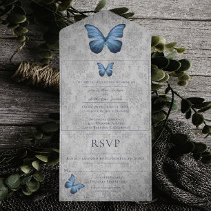 Blue Vintage Butterfly Damask Wedding All In One Invitation