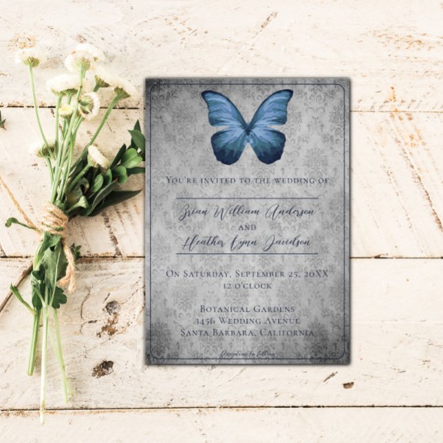 Blue Vintage Butterfly Damask Wedding Invitation (Blue Vintage Butterfly Damask Wedding Invitation)