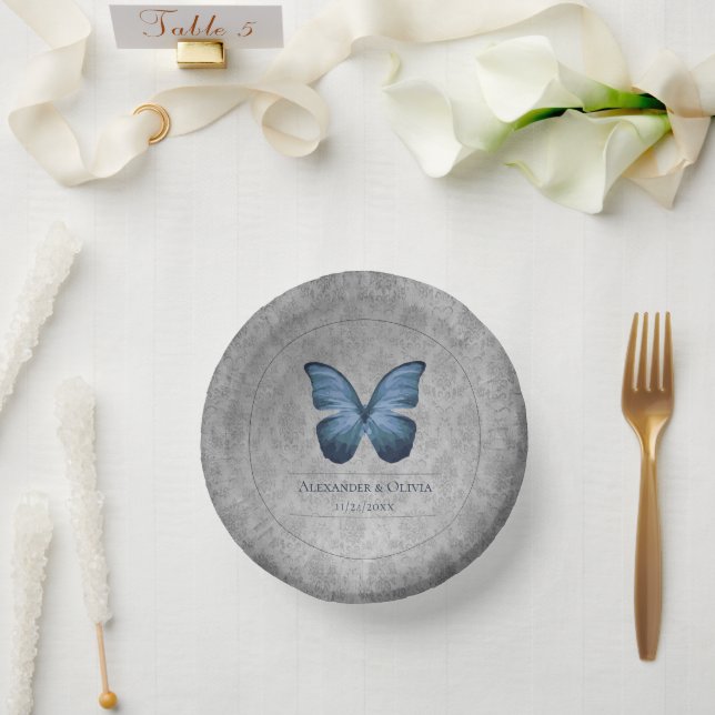 Blue Vintage Butterfly Damask Wedding Paper Plate (Wedding)