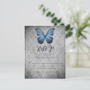 Blue Vintage Butterfly Damask Wedding RSVP Card