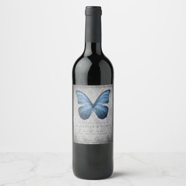 Blue Vintage Butterfly Damask Wedding Wine Label (Front)