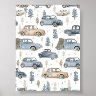 Blue Vintage Car Wall Poster Boys Accent Wall