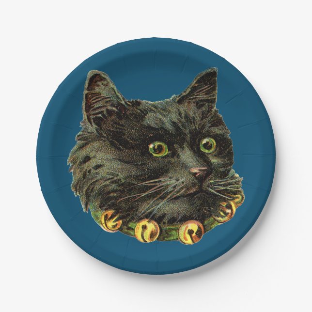 Blue Vintage Cat with Bells Paper Plate (Front)