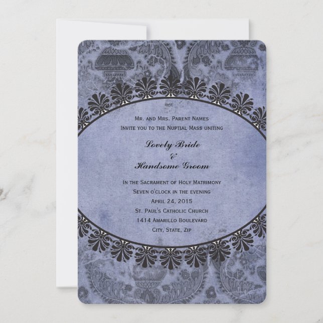 Blue Vintage Catholic Cross Wedding Invitation (Front)
