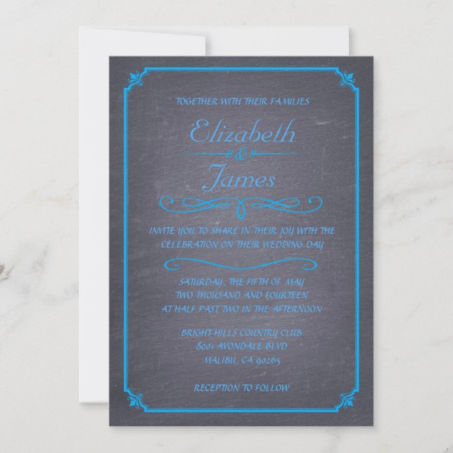 Blue Vintage Chalkboard Wedding Invitations (Front)