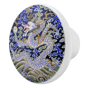 blue vintage Chinese tattoo Embroidery dragon Ceramic Knob