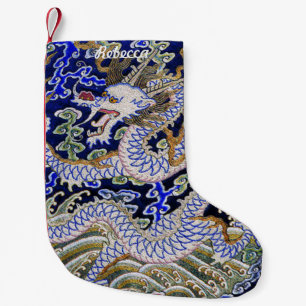 blue vintage Chinese tattoo Embroidery dragon Small Christmas Stocking