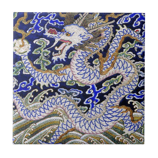 blue vintage Chinese tattoo Embroidery dragon Tile (Front)