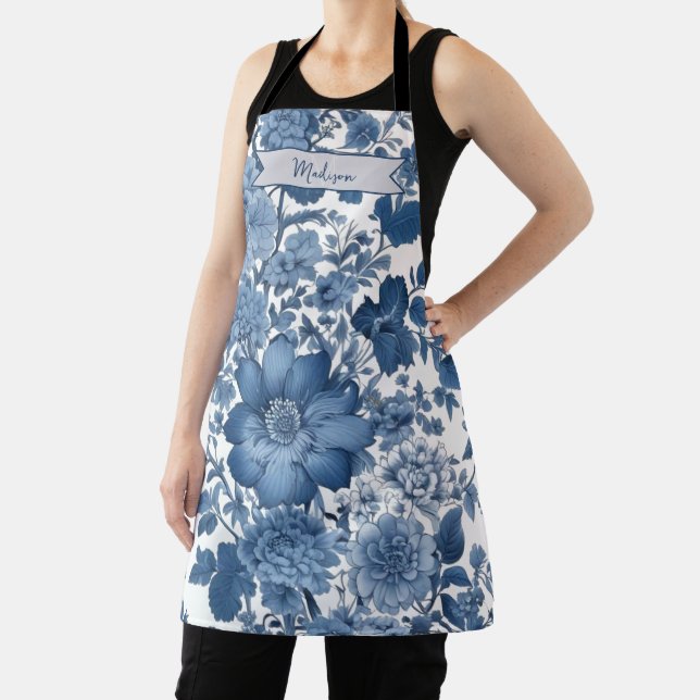 Blue Vintage Chinoiserie Floral Personalised Apron (Insitu)