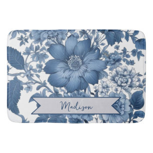 Blue Vintage Chinoiserie Floral Personalised Bath Mat