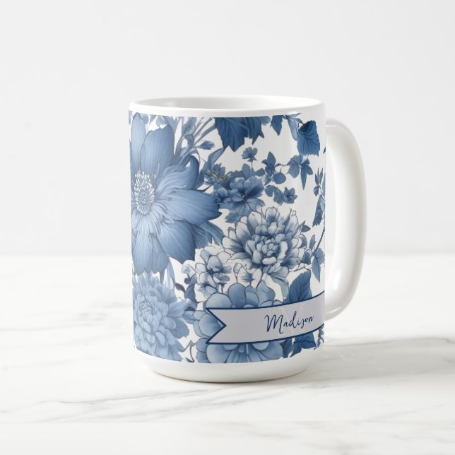Blue Vintage Chinoiserie Floral Personalised Coffee Mug (Front Right)