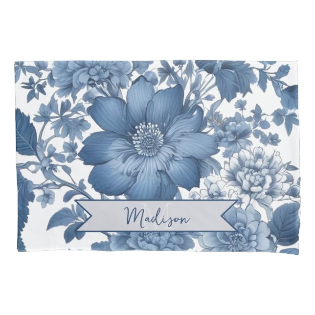 Blue Vintage Chinoiserie Floral Personalised Pillowcase (Front)