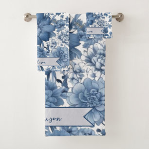 Blue Vintage Chinoiserie Floral Personalized Bath Towel Set