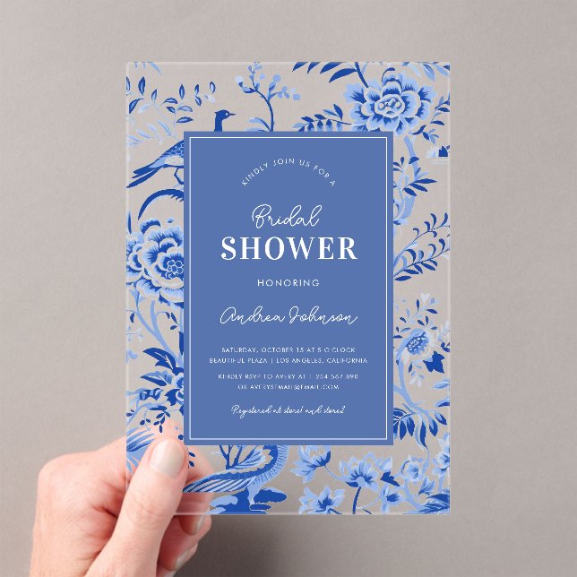 Blue Vintage Chinoiserie Transparent Bridal Shower Acrylic Invitations (Insitu (Handheld))