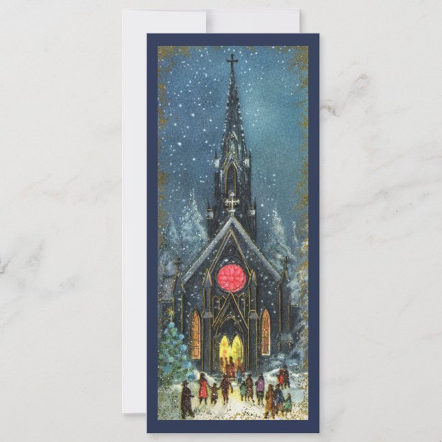 Blue Vintage Christmas Church Holiday Card (Front)