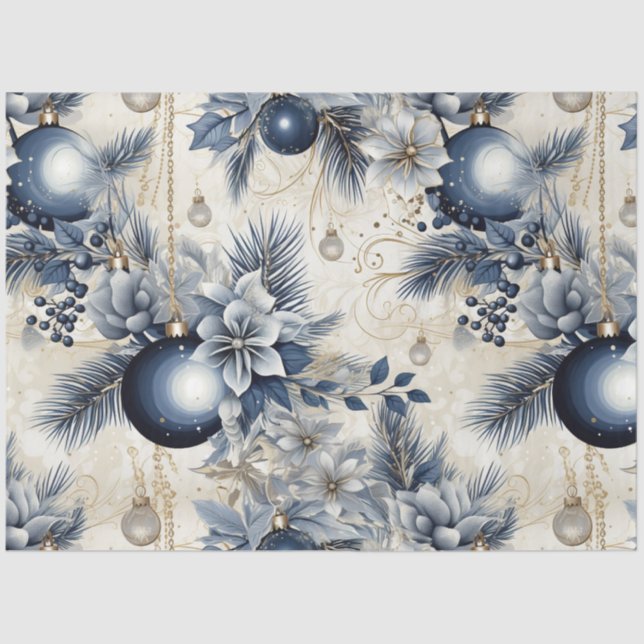Blue Vintage Christmas Floral Decoupage  Tissue Paper (Front)