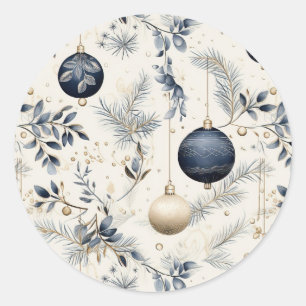 Blue Vintage Christmas Florals Classic Round Sticker
