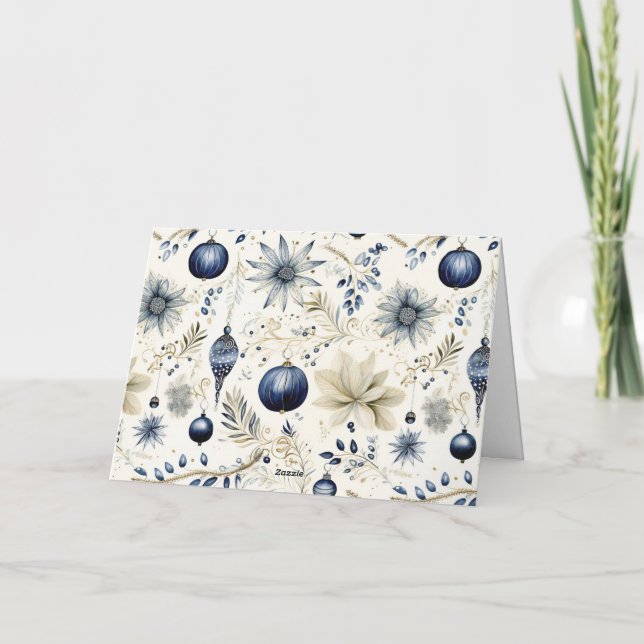 Blue Vintage Christmas Florals Holiday Card (Back)