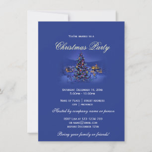 Blue vintage Christmas tree snowy night party Invitation
