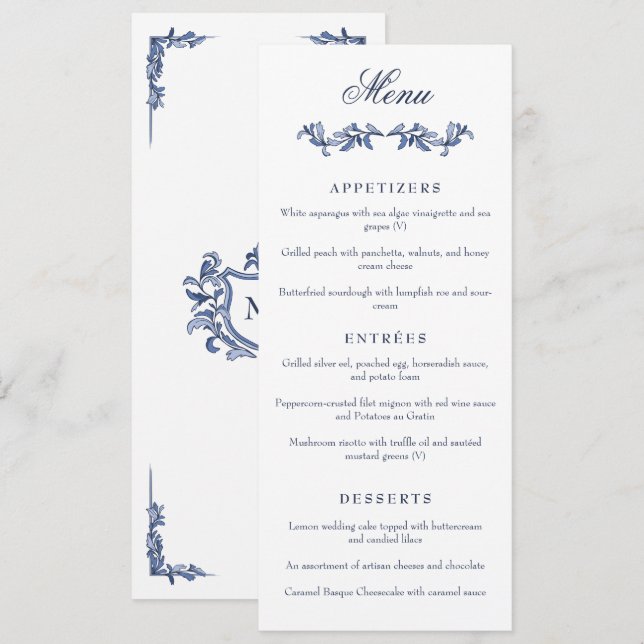 Blue Vintage Crest Monogram Elegant Wedding Menu (Front/Back)