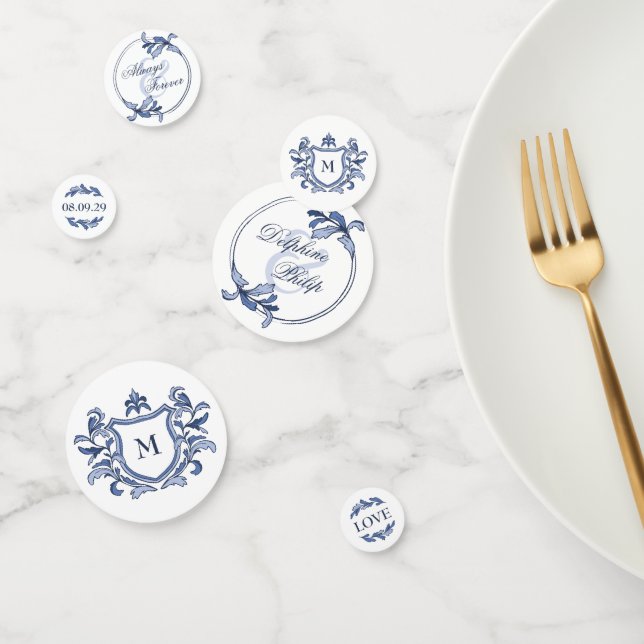 Blue Vintage Crest Monogram Names Wedding Confetti (Group)