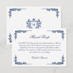 Blue Vintage Crest Monogram Polite Missed RSVP Card