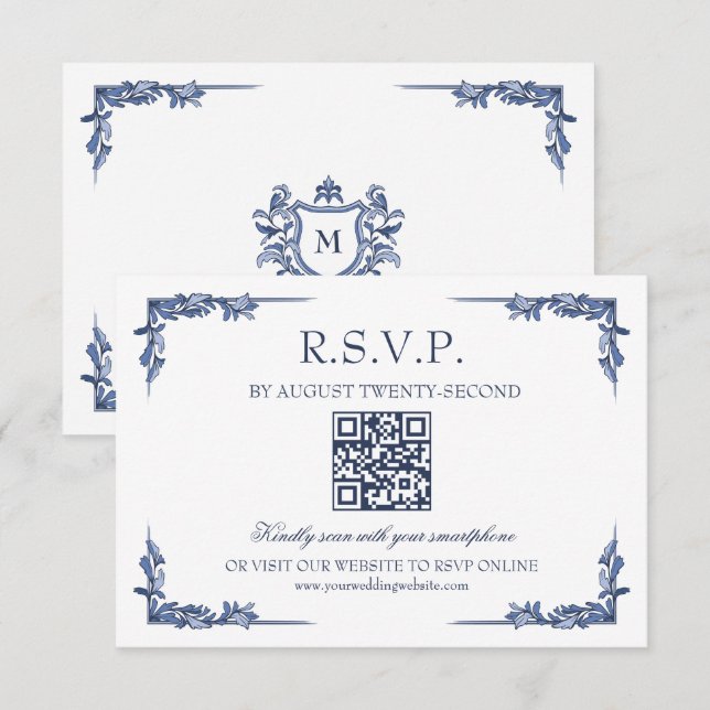 Blue Vintage Crest Monogram RSVP Online Card (Front/Back)