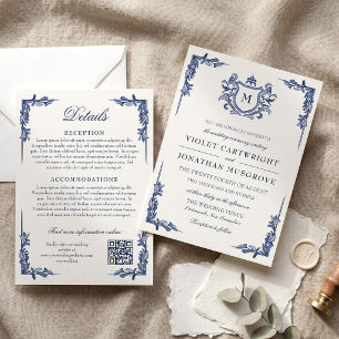 Blue Vintage Crest Monogram Wedding 2 in 1 Details Invitation