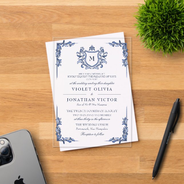 Blue Vintage Crest Monogram Wedding Acrylic Invitations (Insitu (Invitation Card))