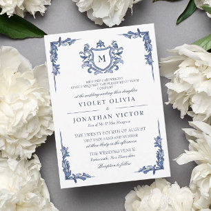 Blue Vintage Crest Monogram Wedding Invitation