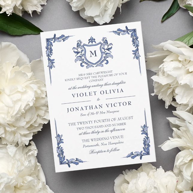 Blue Vintage Crest Monogram Wedding Invitation (Creator Uploaded)