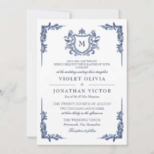 Blue Vintage Crest Monogram Wedding Invitation