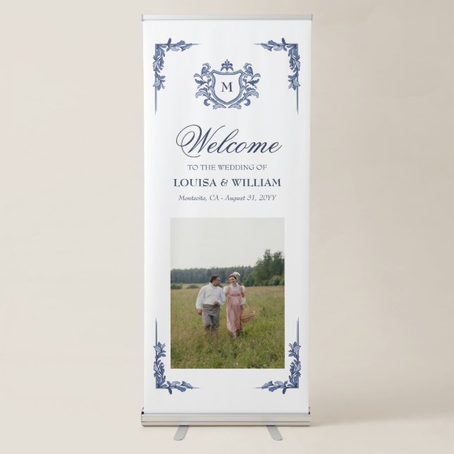 Blue Vintage Crest Monogram Wedding Welcome Retractable Banner (Front)