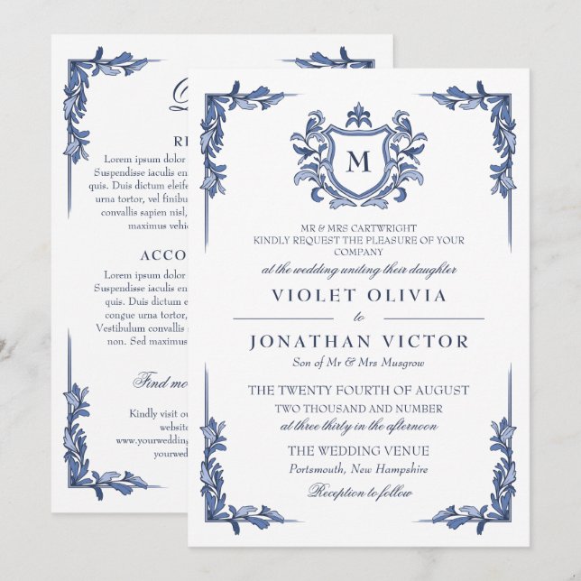 Blue Vintage Crest Monogram Wedding with Details Invitation (Front/Back)