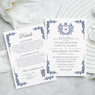 Blue Vintage Crest Monogram Wedding with Details Invitation