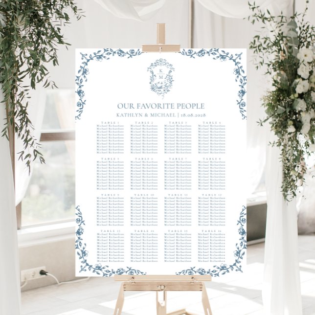 Blue Vintage Crest Wedding 16 Table Seating Chart (Creator Uploaded)
