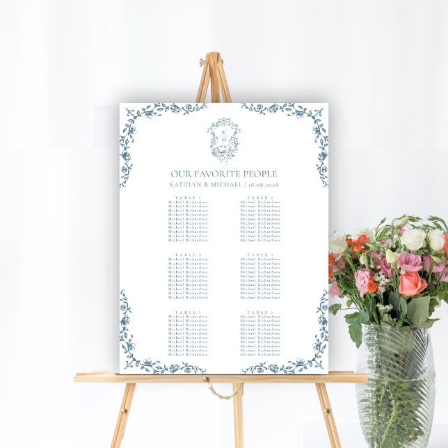 Blue Vintage Crest Wedding 9 Table Seating Chart (Creator Uploaded)
