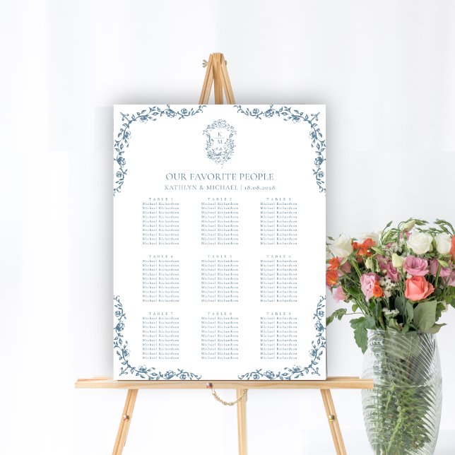 Blue Vintage Crest Wedding 9 Table Seating Chart (Creator Uploaded)