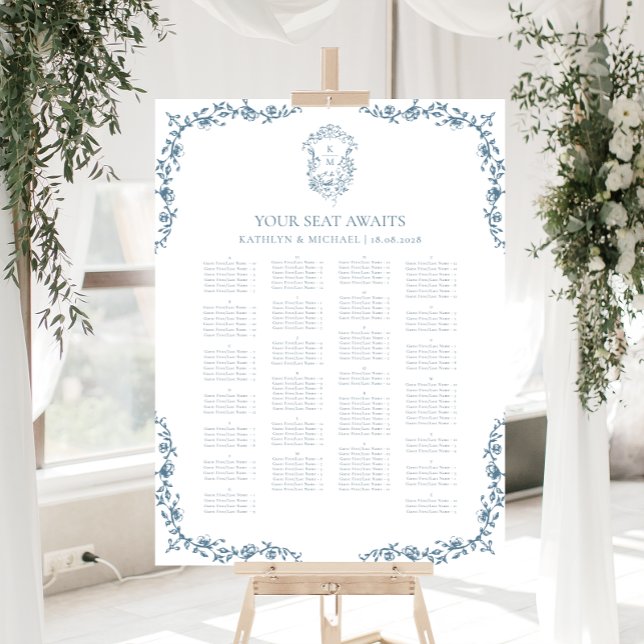 Blue Vintage Crest Wedding Alphabetical Seating Poster (Creator Uploaded)