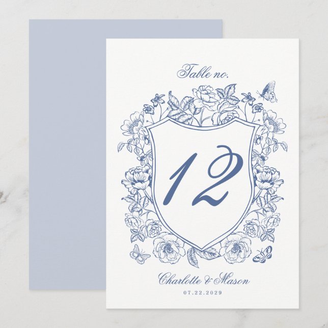 Blue Vintage Crest Wedding Table Number Card (Front/Back)